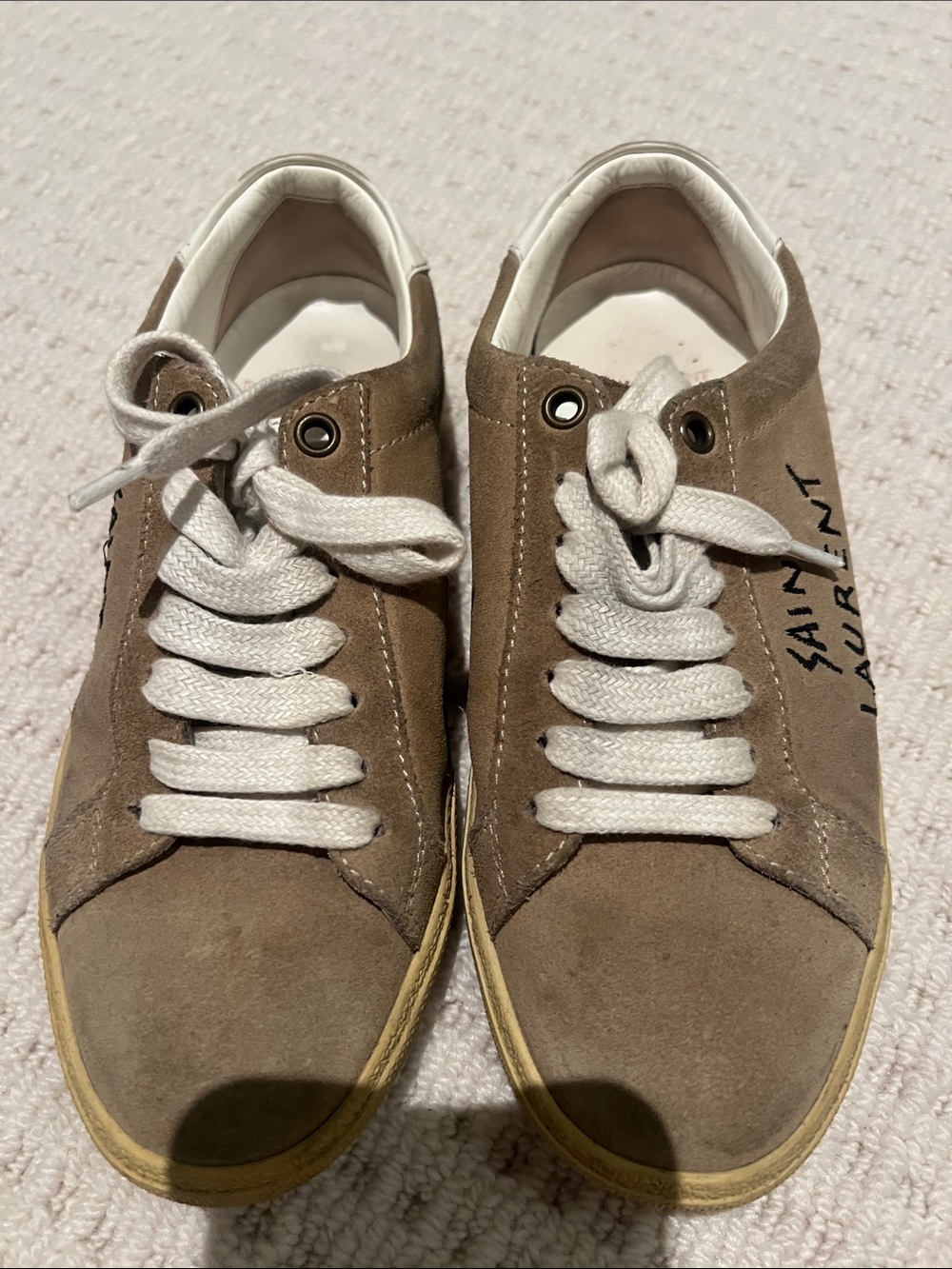 Saint Laurent Taupe Suede Low-Top Sneakers with White Laces